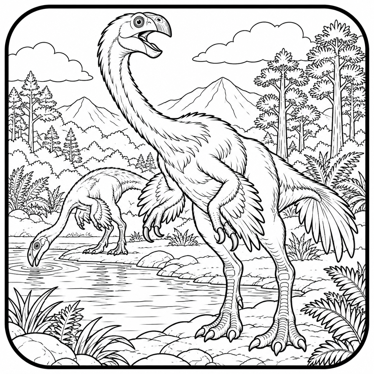 feathered dinosaurs by the water